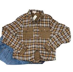 NWT Francesca's Dizzy Gal Gold/Black/White Plaid Button Down Shirt